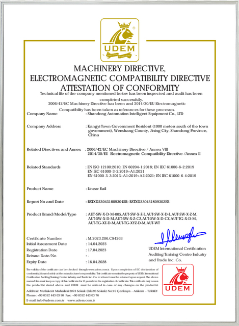 JNGS AUTOMATION linear rail machinery and EMC conformity certificate